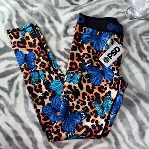 PSD womens Leopard Print Leggings with Blue Butterflies